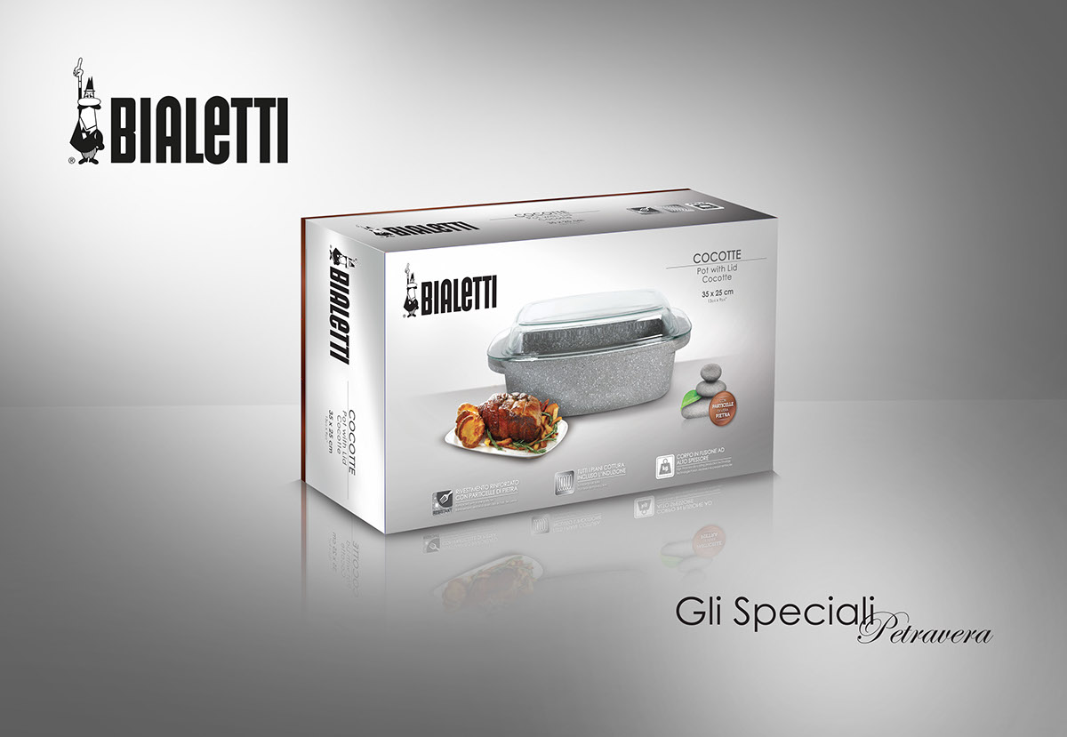 Packaging photo editing Photography  cookware bialetti realistic rendering design made in italy communication