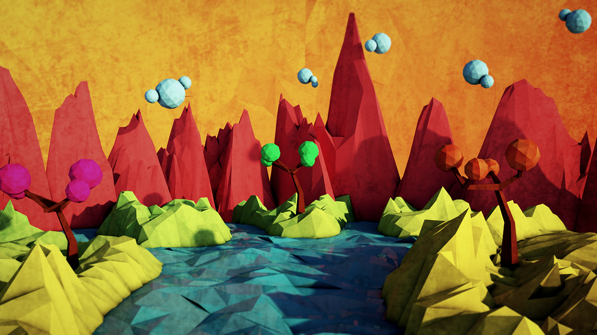 Low Poly low-poly Landscape river red orange green yellow blue water Tree  brown