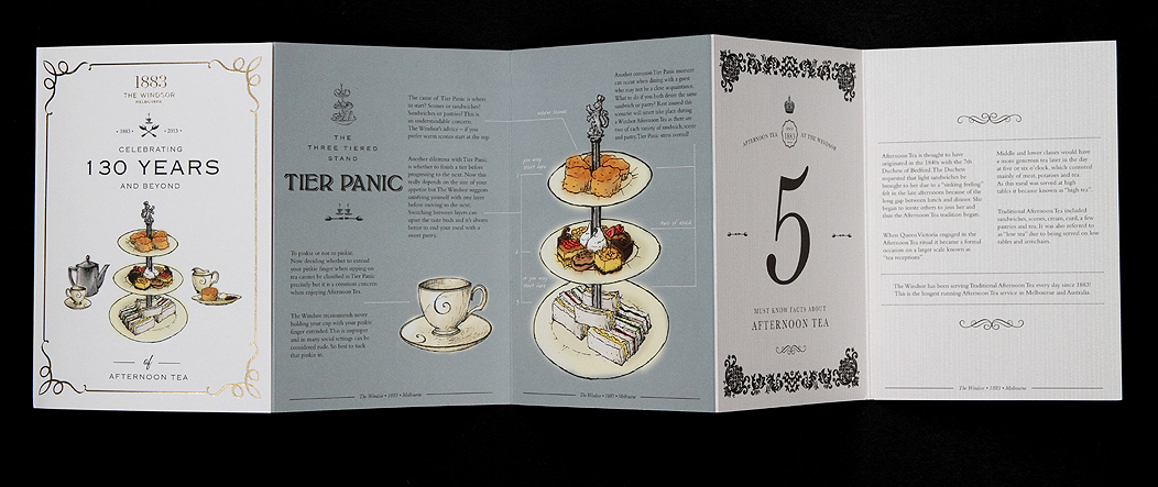 afternoon tea 130 years anniversary Booklet hand drawings Sweets printed Printing gold foiling black foiling intricate detail illustrated design brochure