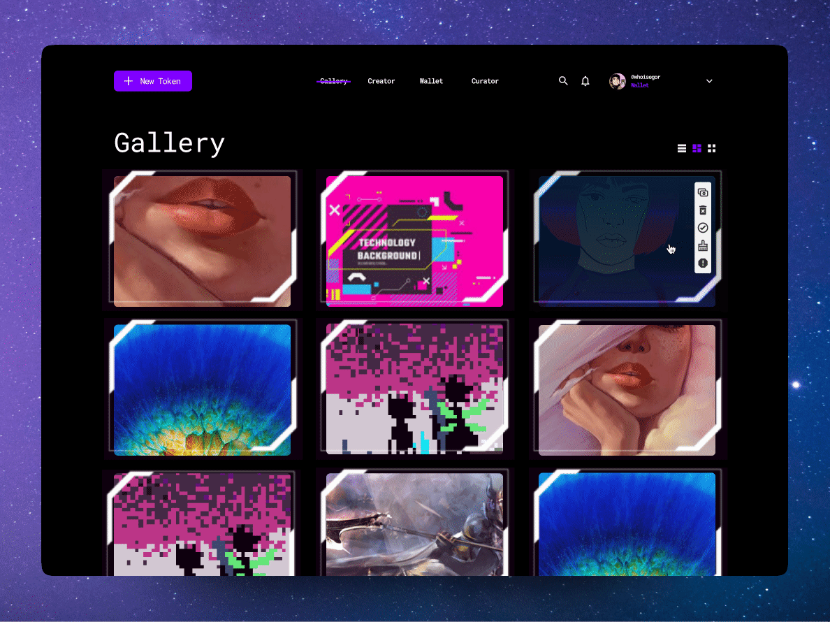 Art NFT cards view gallery future ART.
ANIMATED DASHBOARD DESIGN GALLERY CARDS CYBERPUNK.