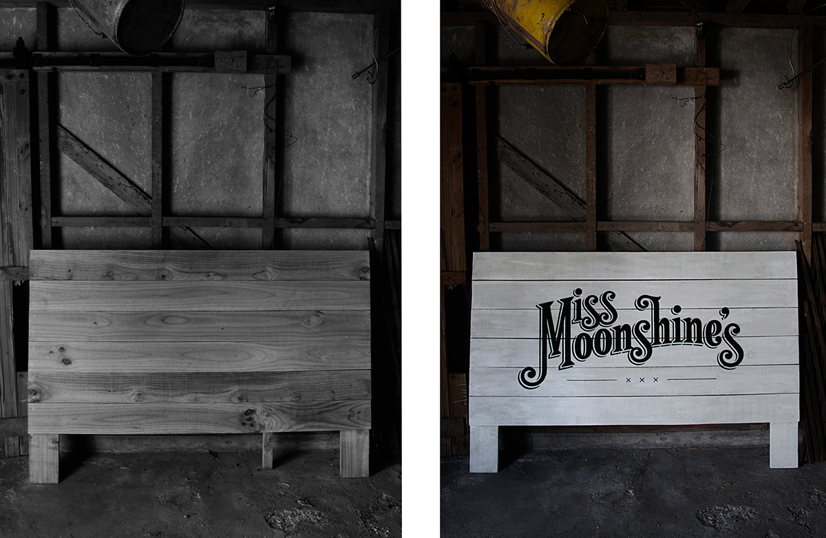 Painted sign design logo hand drawn lettering type font wood american history Moonshine