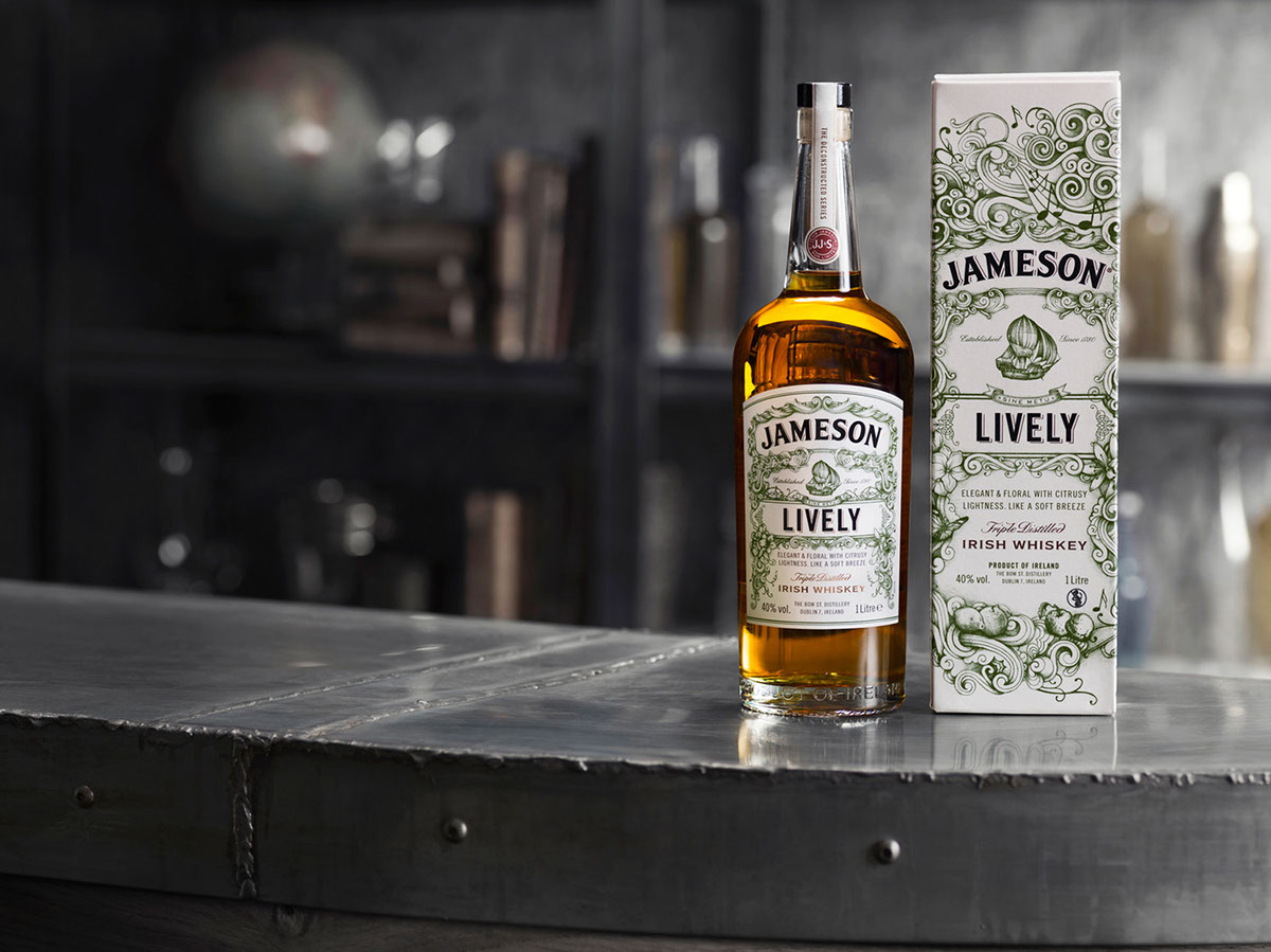 jameson Irish Whiskey lively bottle Label detail pencil premium scroll hand drawn wind butterfly Flowers Musical Notes cherub