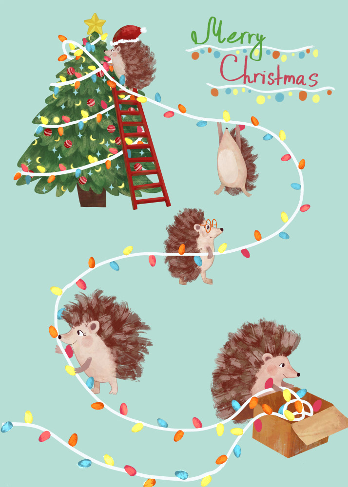chrostmas season cute hedhehog kids licensing Merry Christmas Merry Christmas postcard postacrd postcard illustration