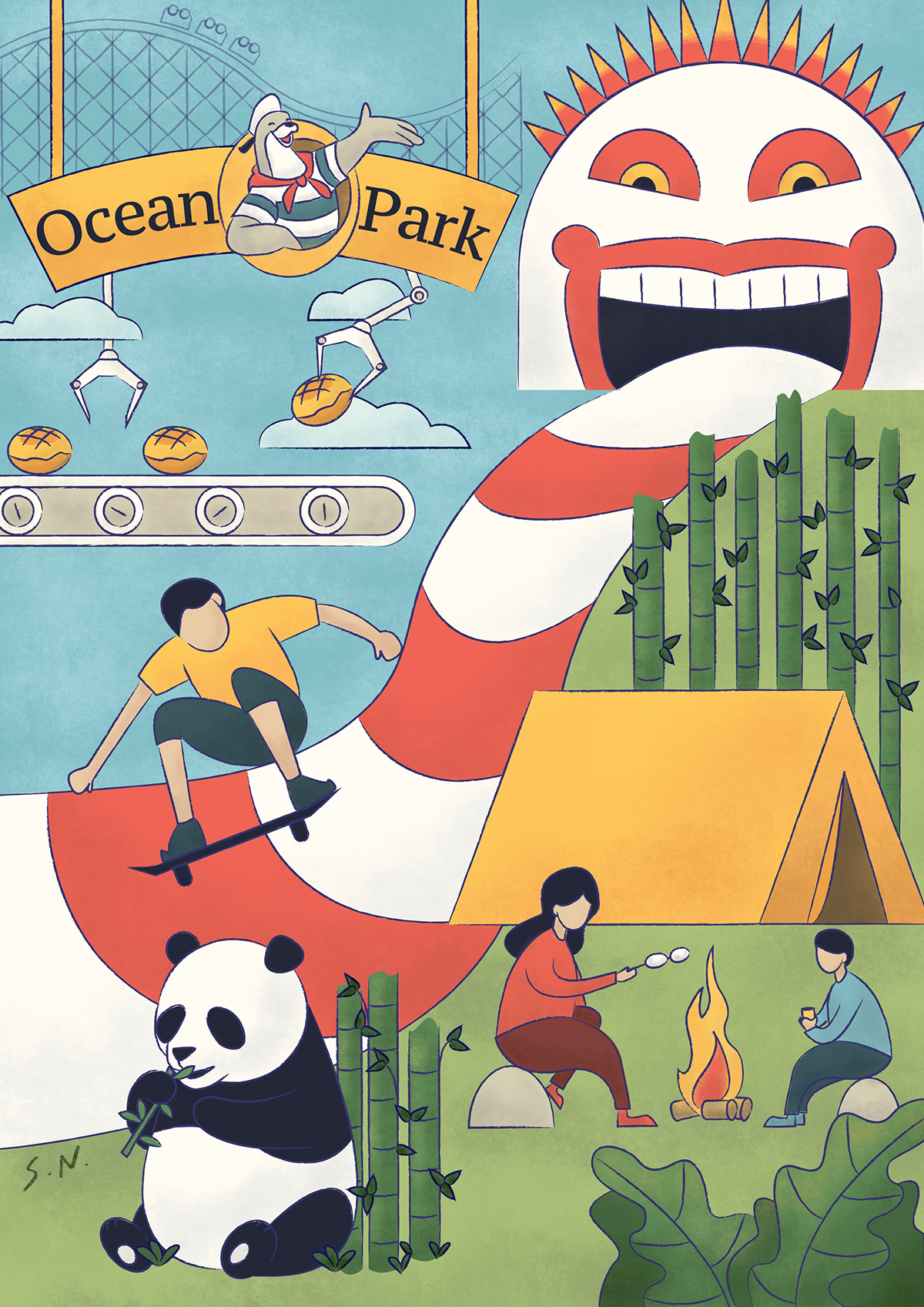 amusement park camping extreme sports future ILLUSTRATION  Ocean Park Panda  Procreate Theme Park