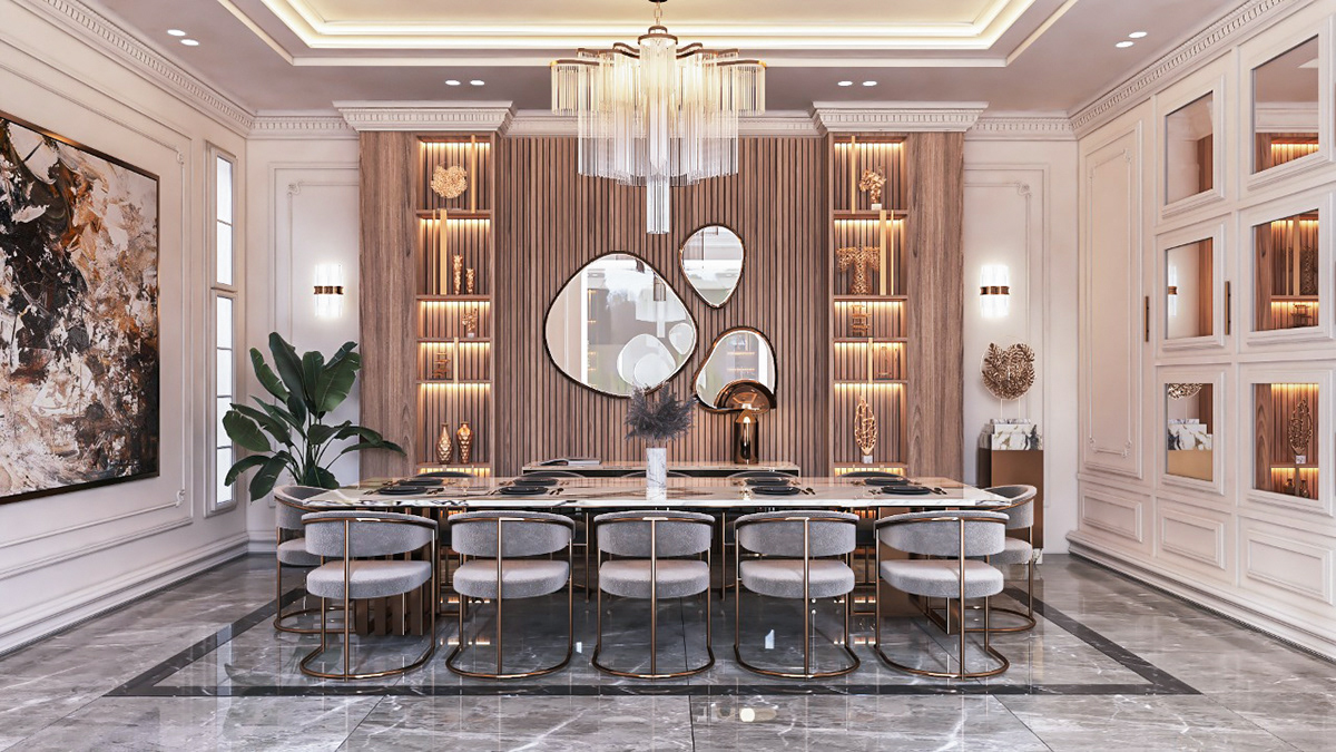 cupboards dining diningroom indoor luxury Marble mirrors neo-classic panels wood