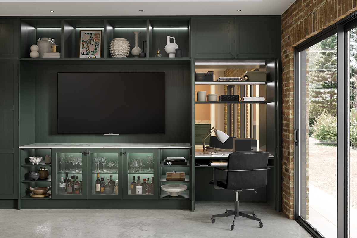 CGI render of an integrated media wall and storage area with hidden work-from-home area