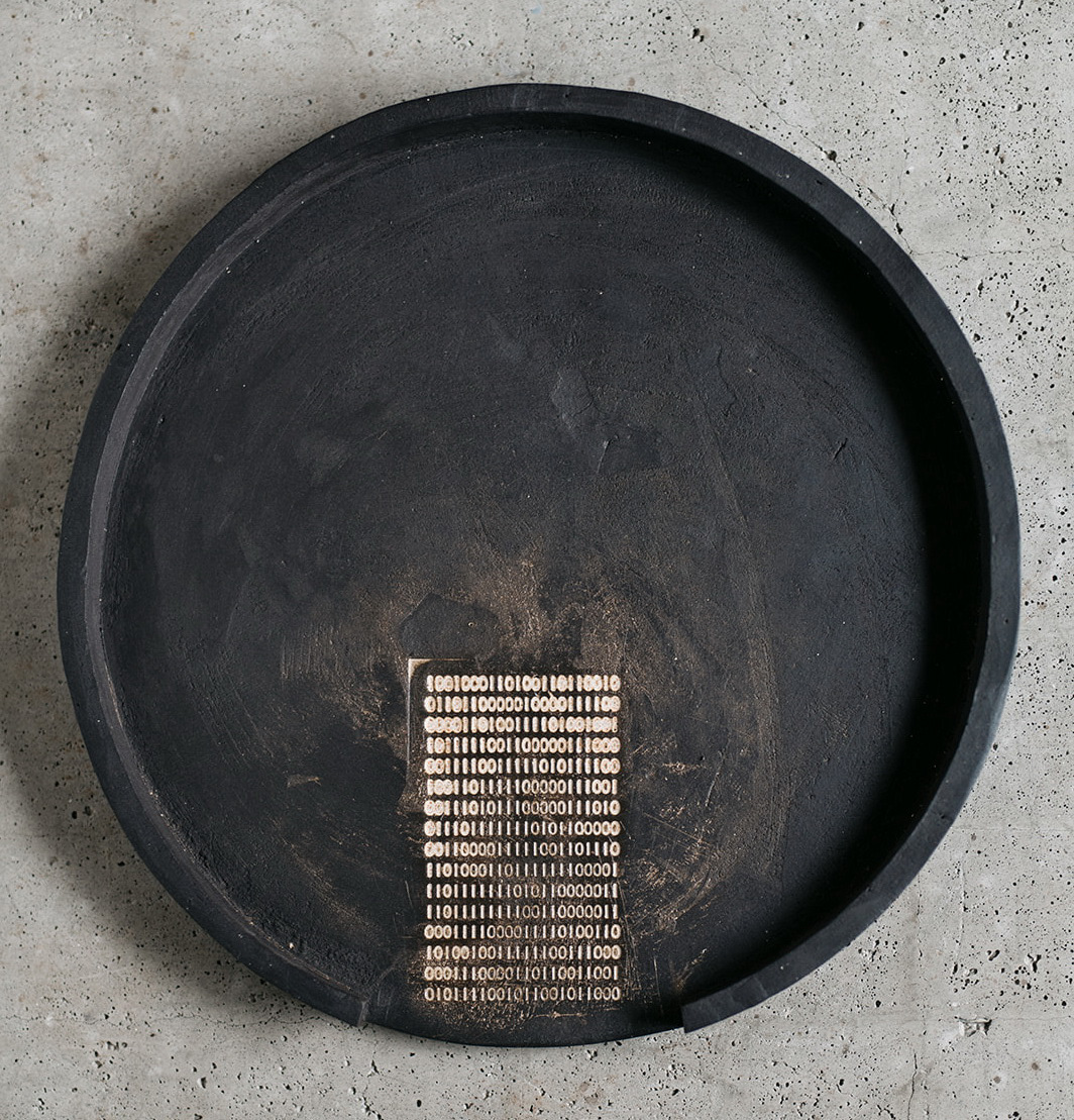 black handmade craft clay binary code stoneware fine art plate