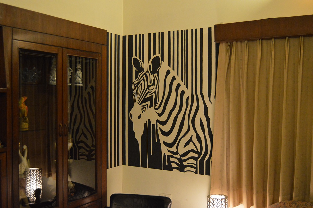 zebra barcode Mural Delhi Shreyansh gupta distemper animals black White negative spacing morph wall painting brush