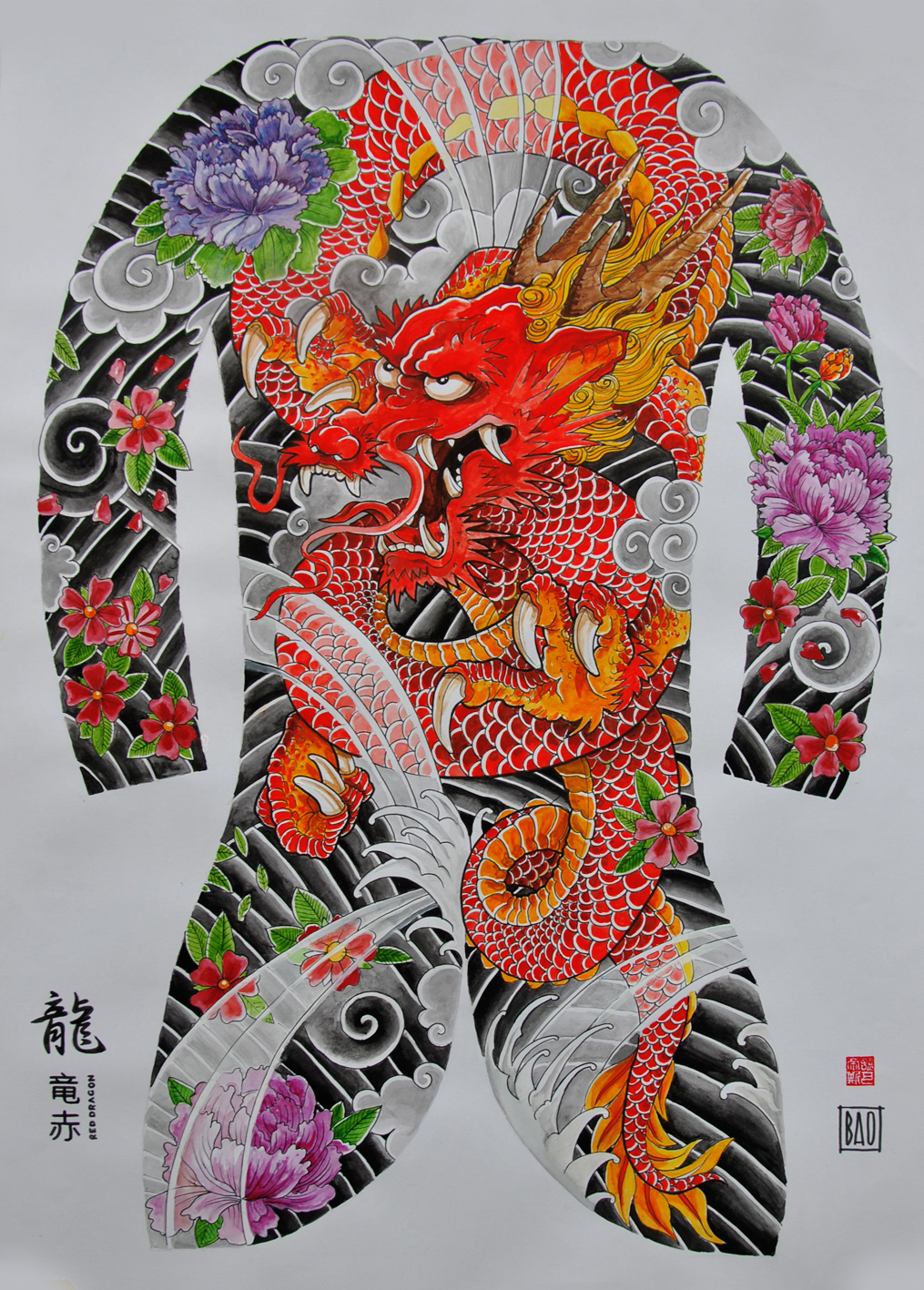 irezumi wabori japan tattoo watercolor horimono bodysuit Bodypainting sketch print