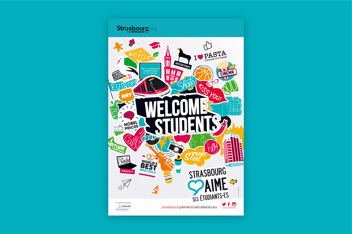 poster graphic design  ILLUSTRATION  stickers culture Students colorful welcome communication strasbourg