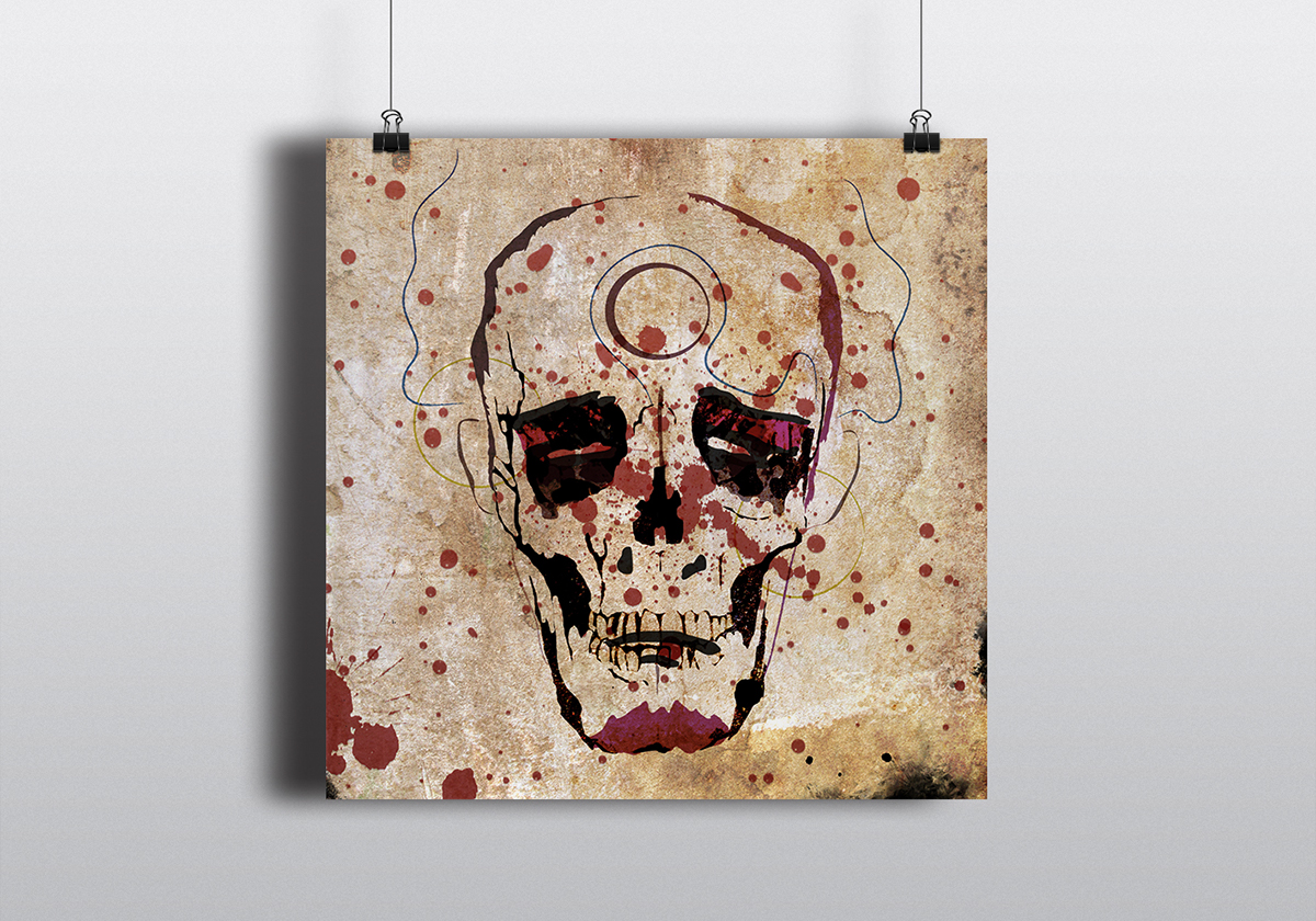 rasul mono artwork  dead man skull skeleton portrait self-portrait dead texture paper grunge drops blood red