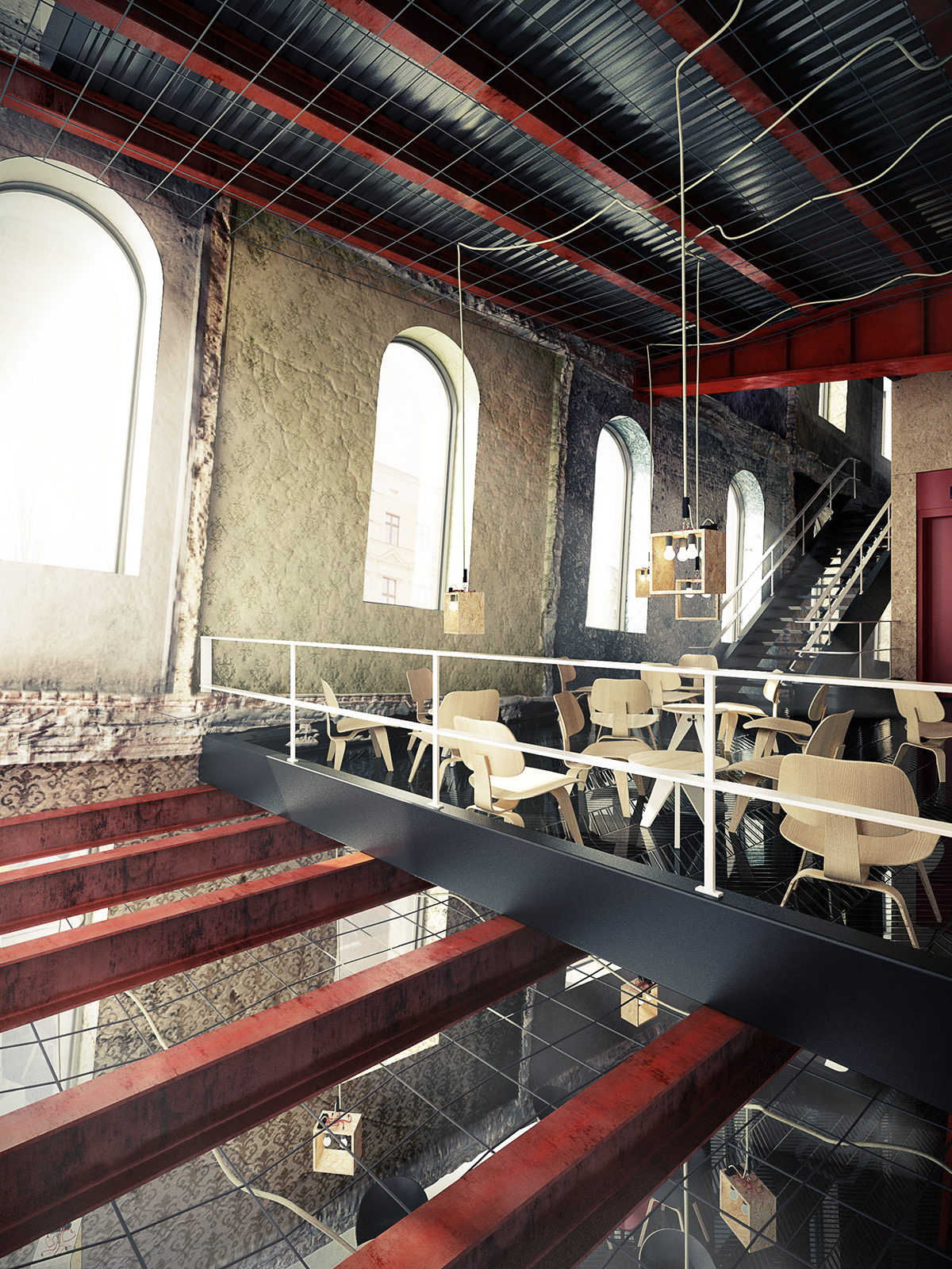 lodz construction tempelhof pub design red vray Interior club CG