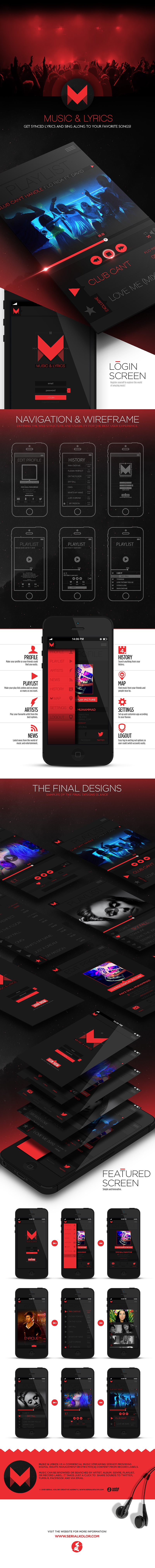 UI UIX design app Lyrics Musik red serialkolor fayz Theme wireframe mobile android ios iphone