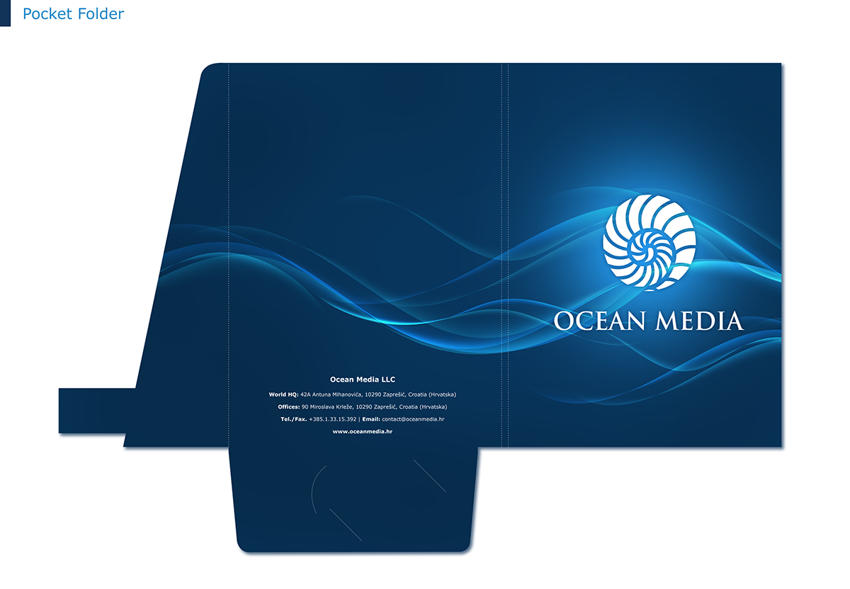 pocket folder Corporate Identity Ocean Media Ocean blue waves digital Games visual identity digital entertainment business card cd cover & CD label envelope letter head