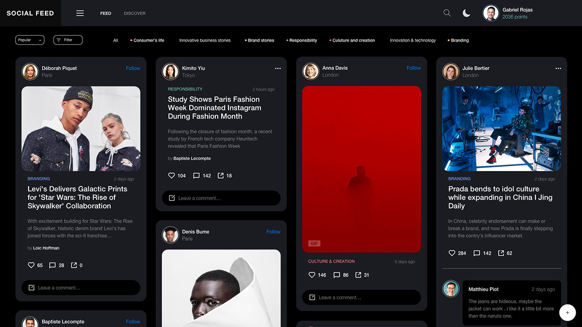 concept feed Social Feed Fashion  uidesign graphic design  Web Webdesign app dark mode
