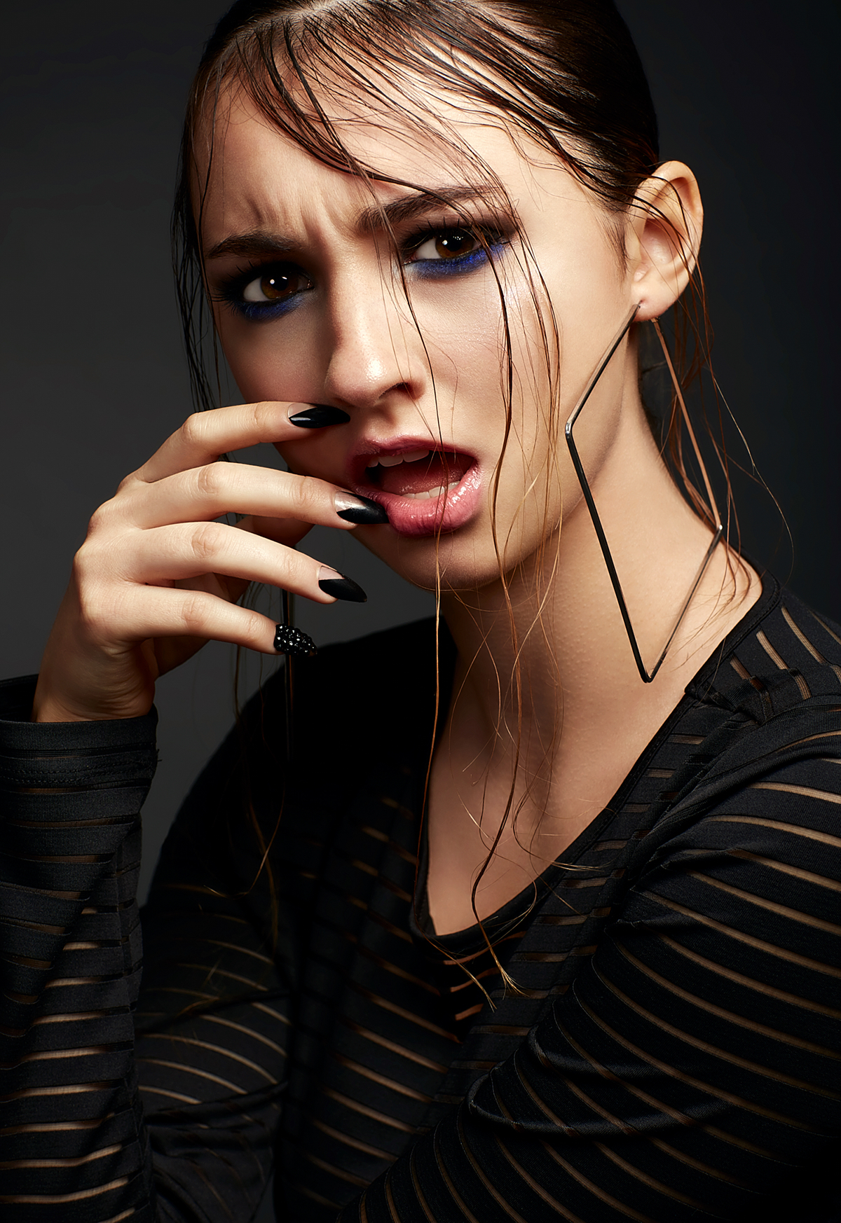 mac makeup beauty editorial Earring lipstick lip hair wet hair campaign