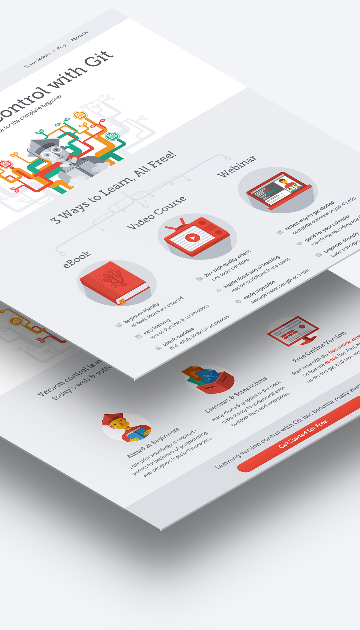 git learn Technology Version Control Online course flat simple Illustrative landing page tutorial Character icons Education