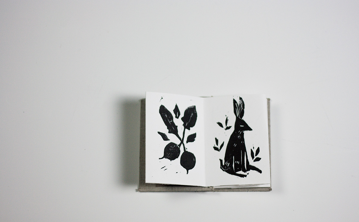 artist book accordion fold linoleum linoleum block print printmaking block print bunnies botany animals Flowers rabbits plants