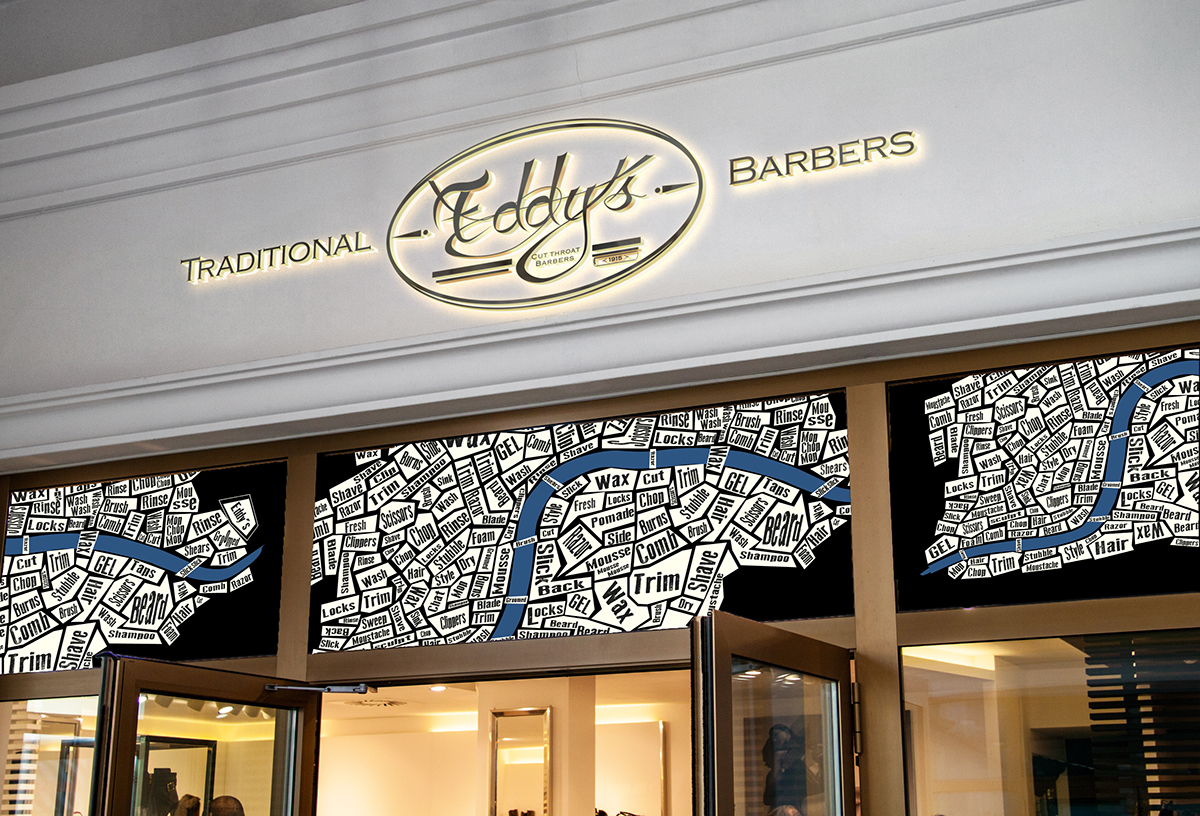 branding  Packaging design barbers London Signage Storefront custom typography Custom Illustration