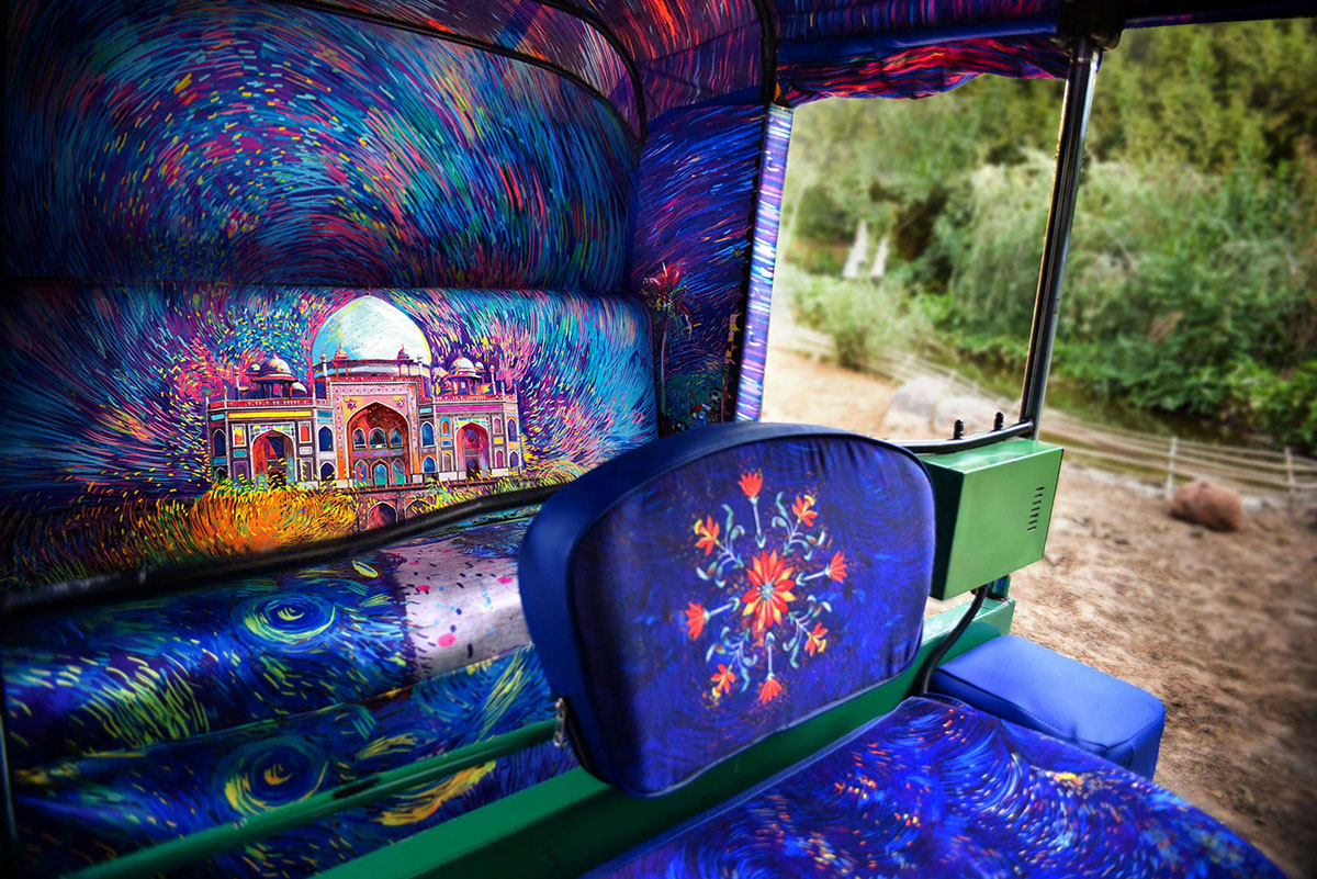 Delhi Rickshaw Autorickshaw India art streetart nasheet design van gogh nasheet shadani Taxi Fabric interiors humayun's tomb Mughal Architecture