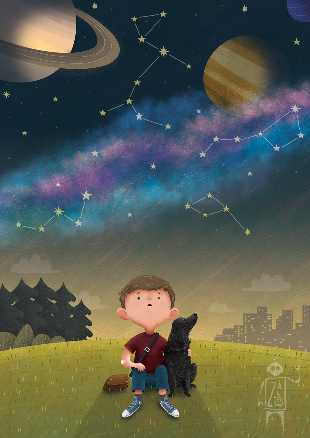boy old dog Space  SKY colorful characters cartoon starry sky tension galaxy friends