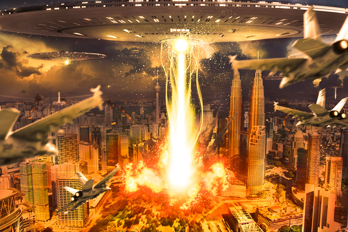 malaysia kuala lumpur UFO apocalipse fire photoshop surreal photomanipulation War city