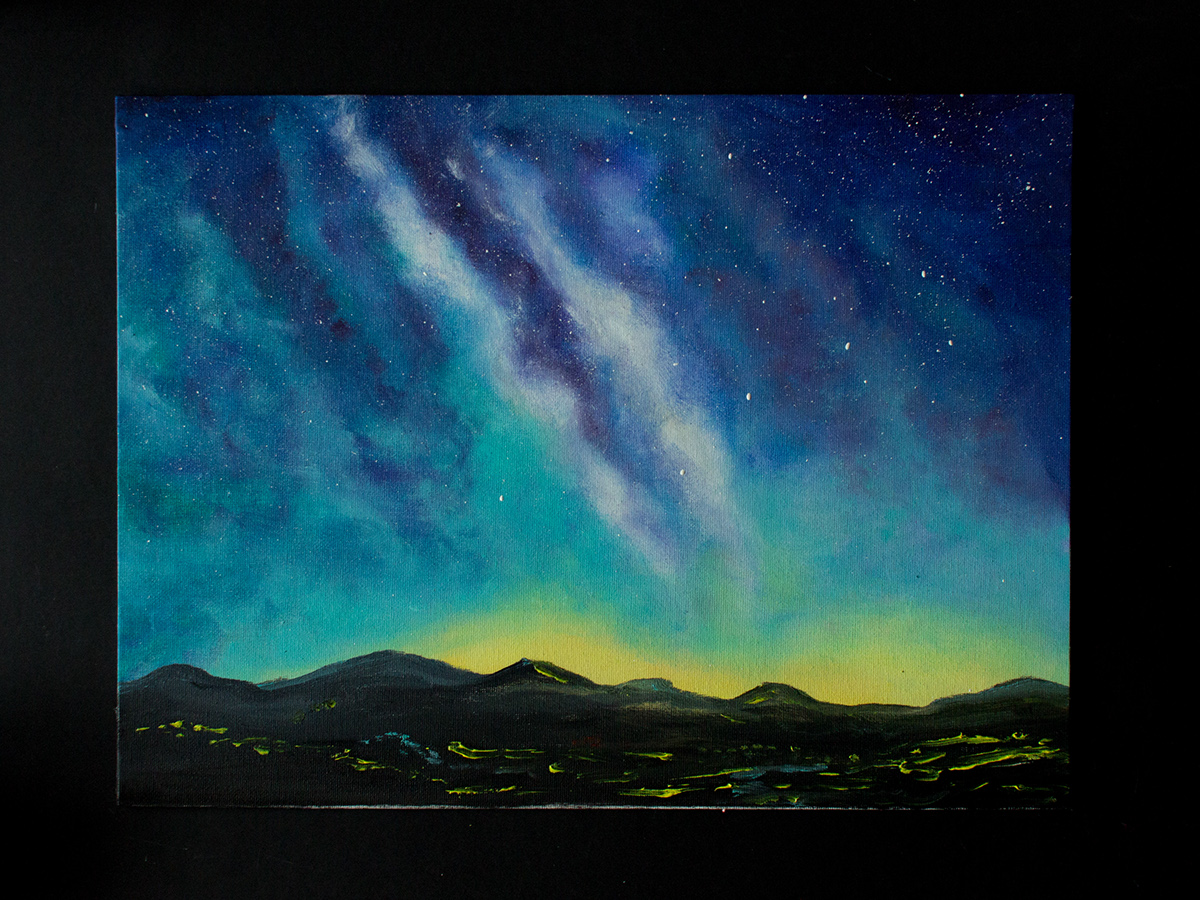 Space  universe Oil Painting oil on canvas Night City night sky SKY mountains stars bright sky