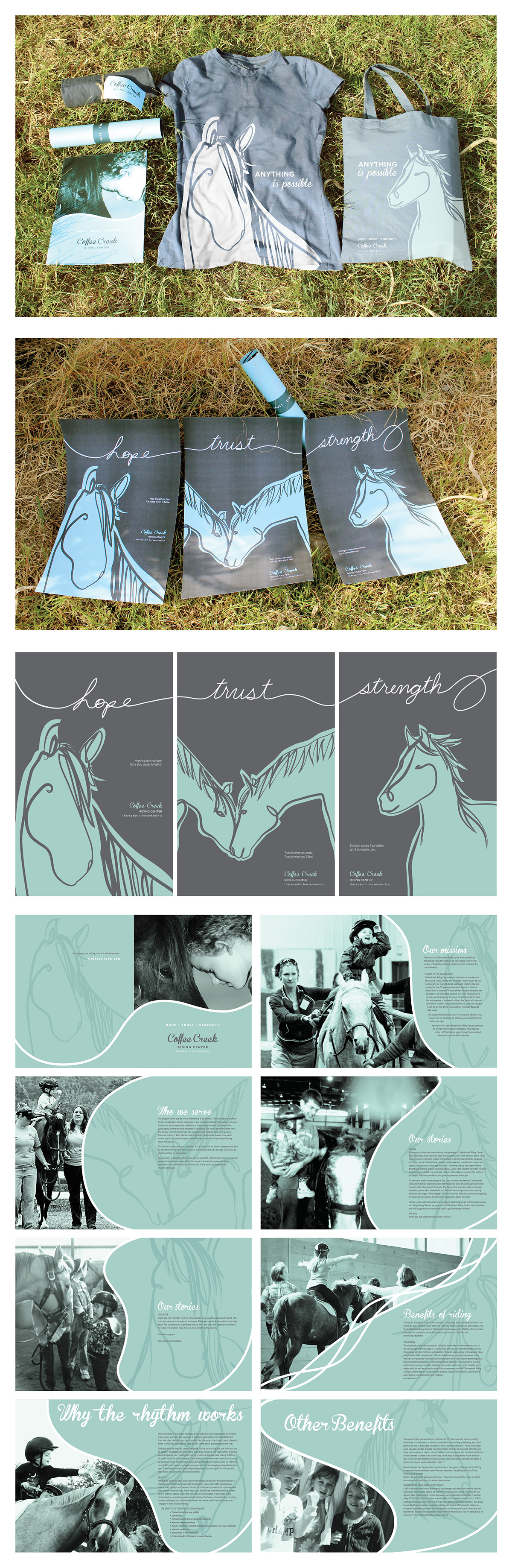 horses nonprofit organization coffee creek therapeutic horseriding children Layout editorial Screenprinting totebag shirt Booklet posters vector
