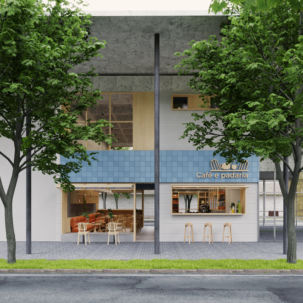 archviz bakery cafeteria coffee shop comercial architecture interior design  interiores ladrilho Render rendering