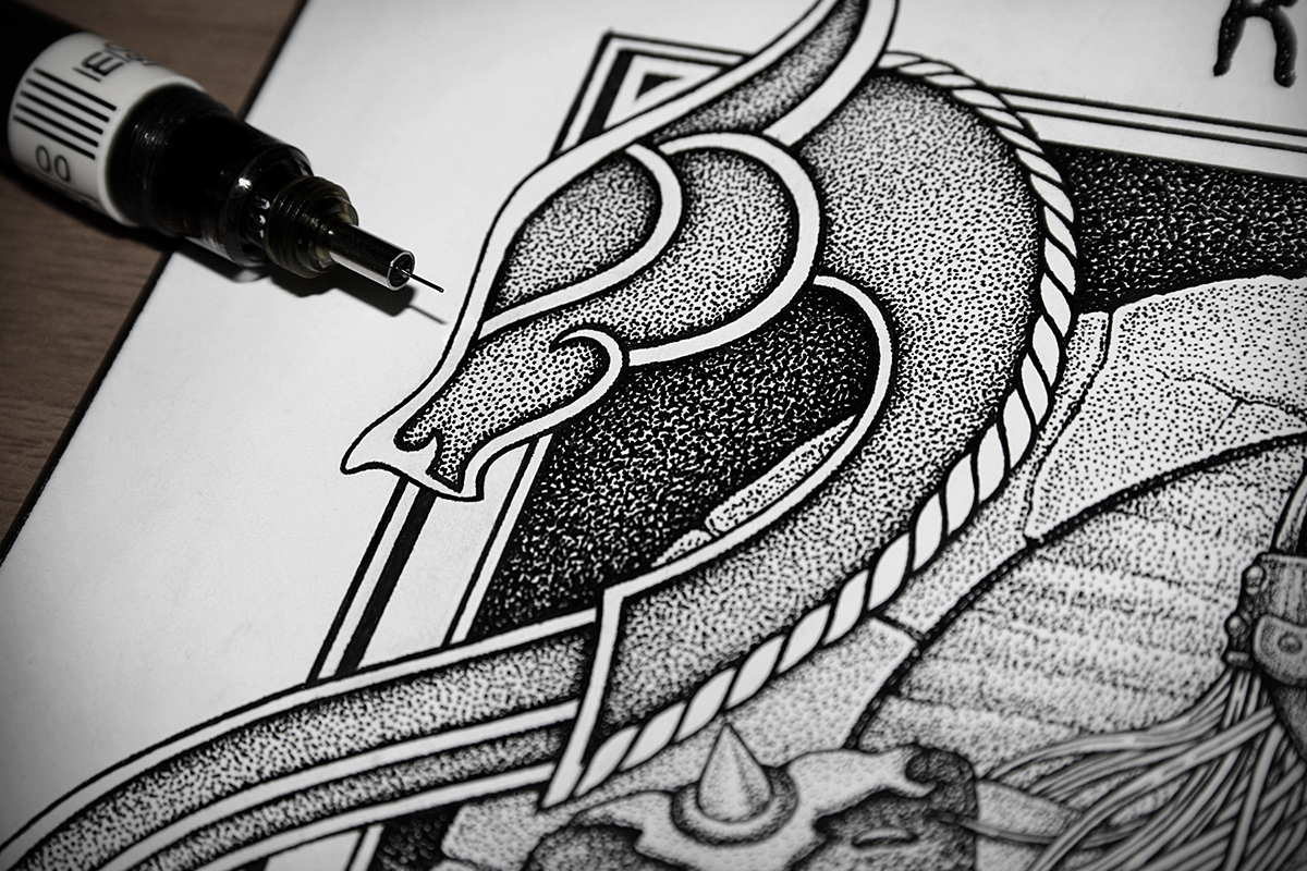 dotwork Pointillism stippling ink Odin viking warrior Sword runes nordic valhalla mythology dragons Celtic