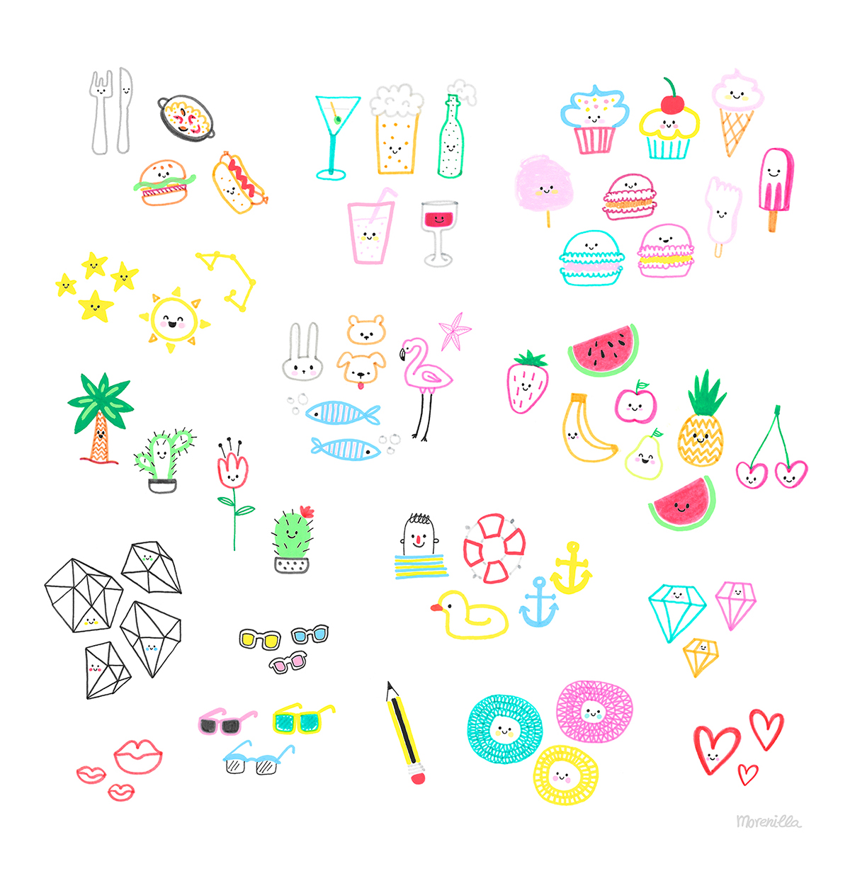 fruits drinks Food  little cute kawaii sketches doodles sea plants cactus popsicle watermelon characters anchor