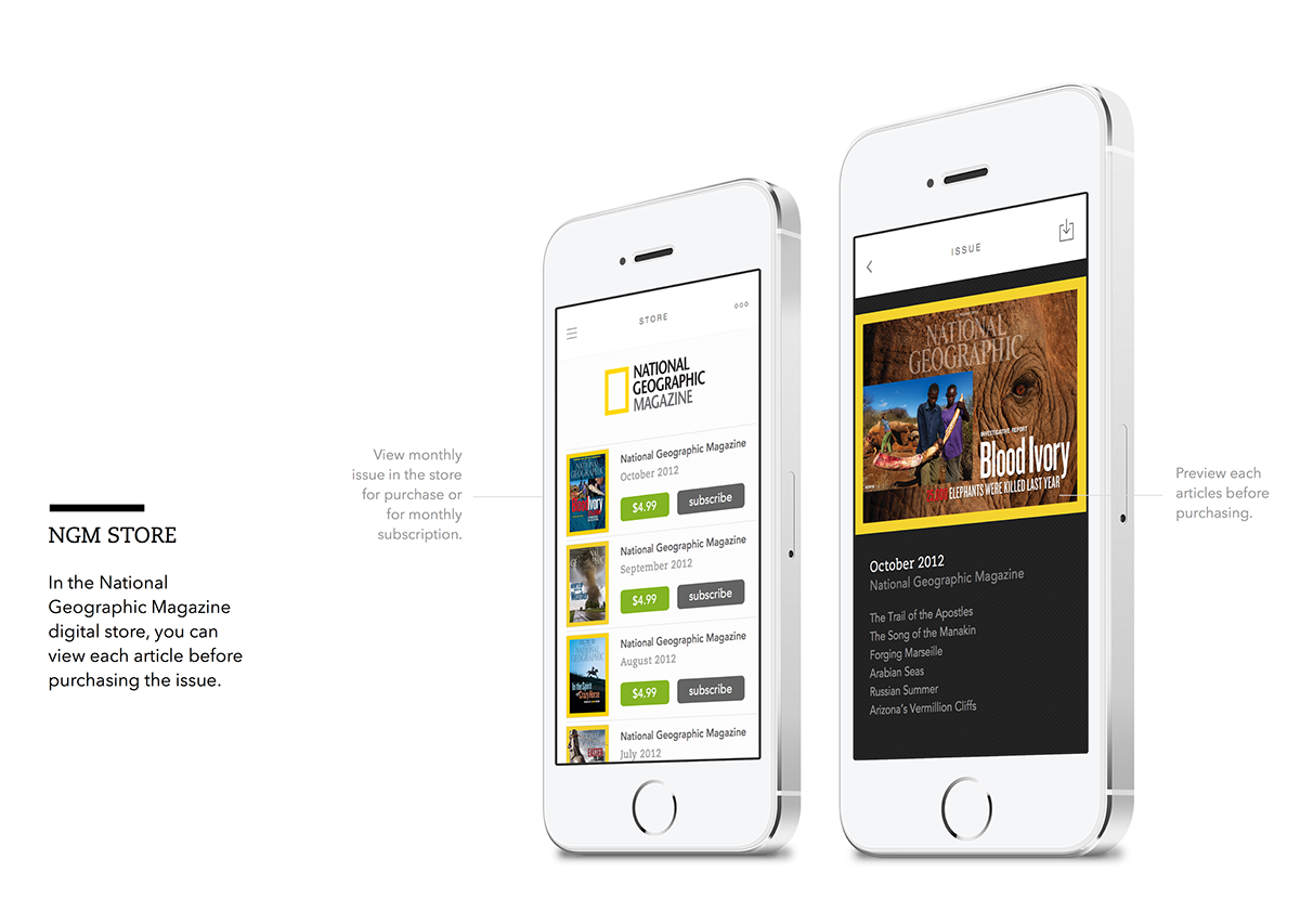 iphone publication  Storefront  national geographic  UX/UI  app app store  apple visual design interactive Adobe InDesign Digital Publishing