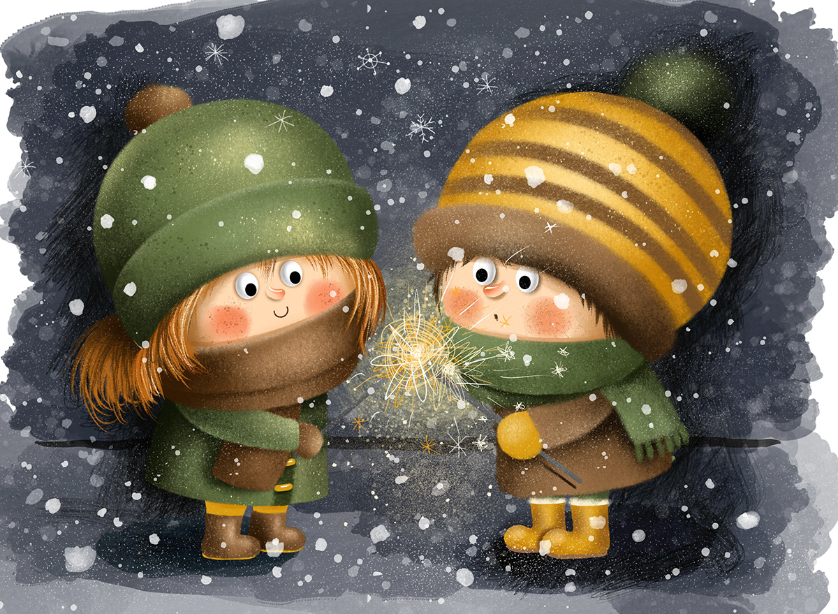 card Character design  children illustration children's book little girl Merry Christmas new year snow snowflake winter