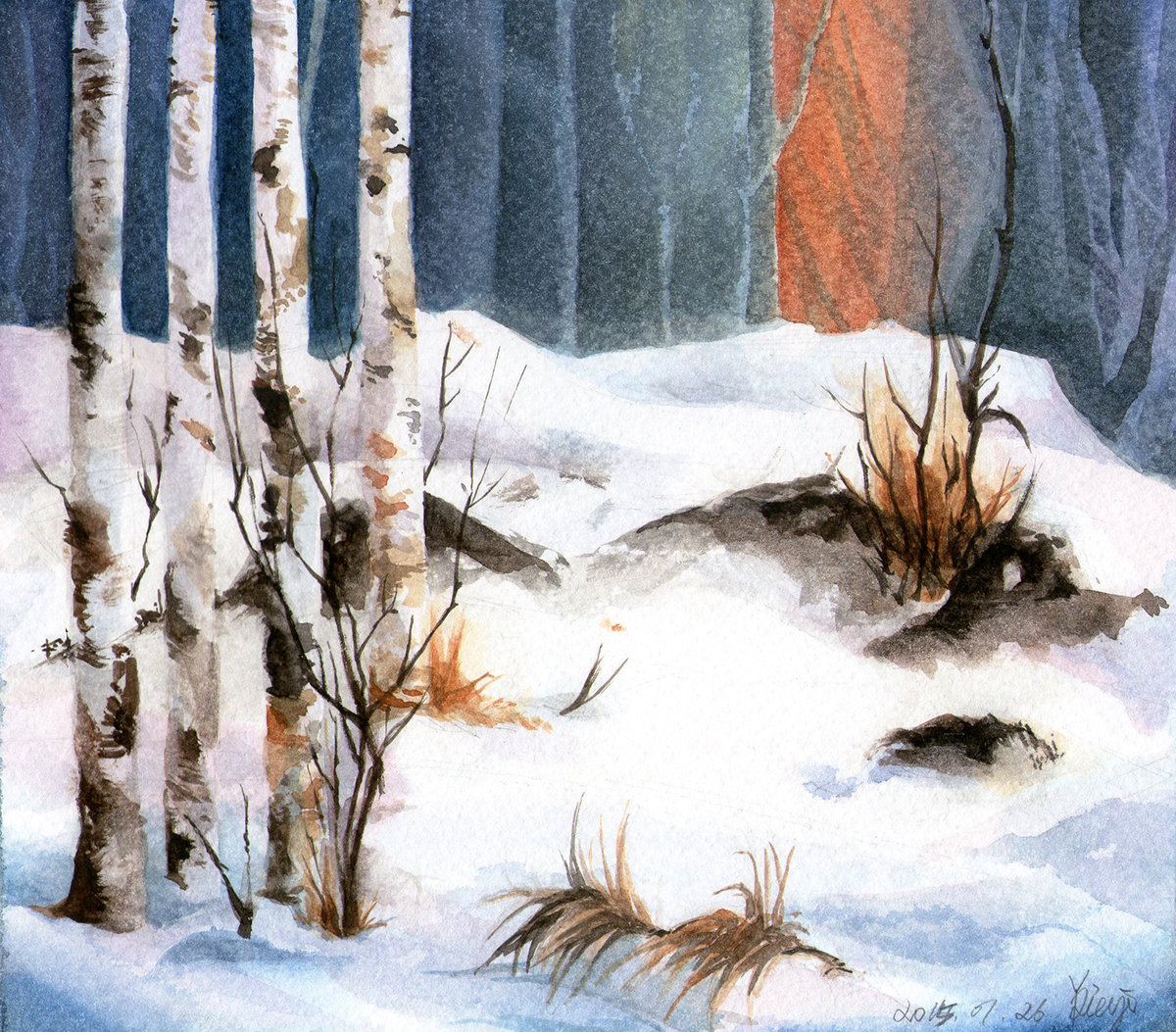 watercolor children children's book fine art master study brush art snowman squirre rabbit hare winte snow forest pinetree