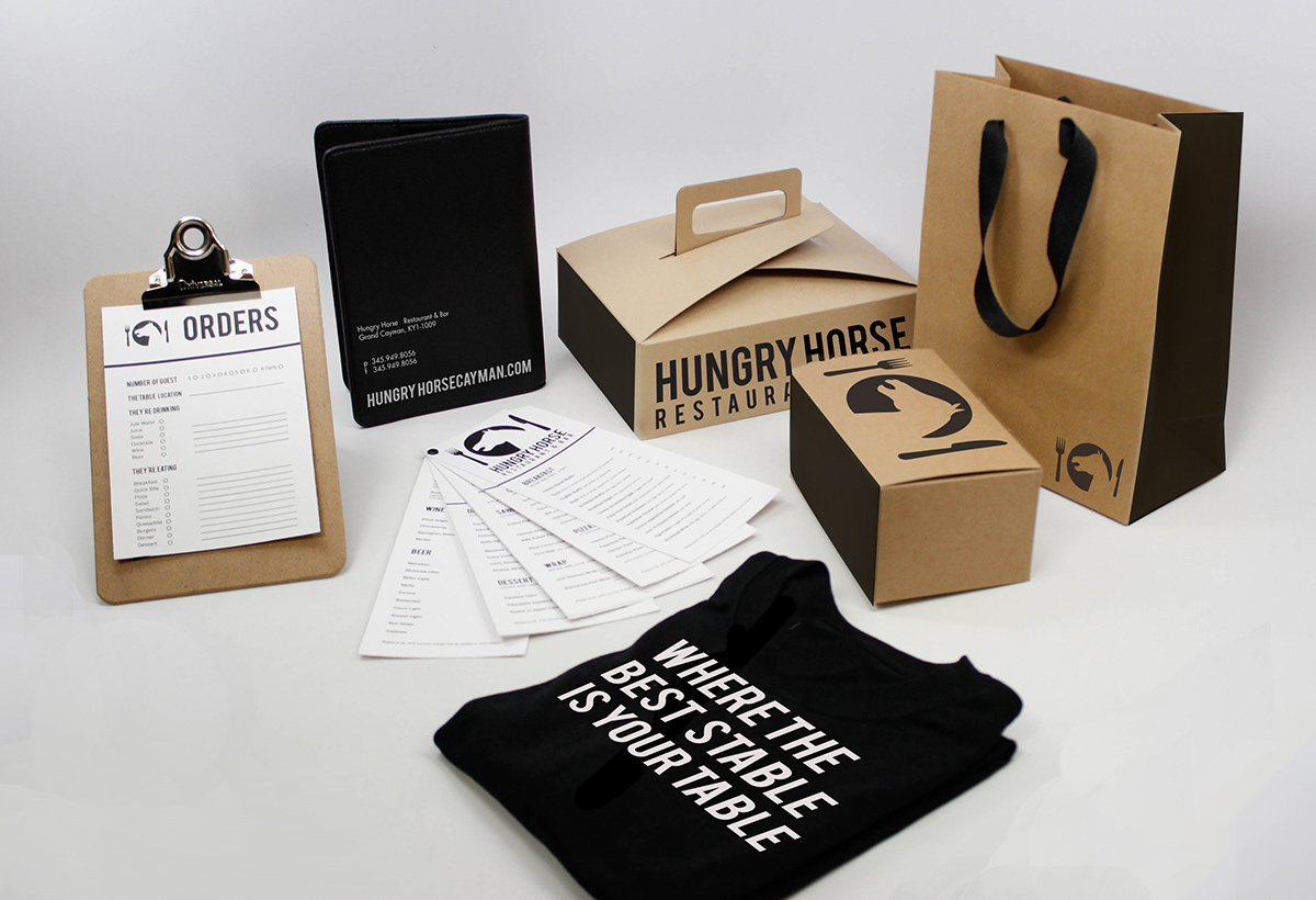 Hungry horse restaurant bar rebranding logo boxes uniforms orders glasses menu
