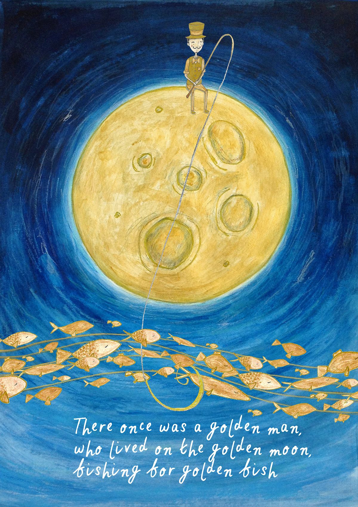 moon golden Man on moon fishing childrens book