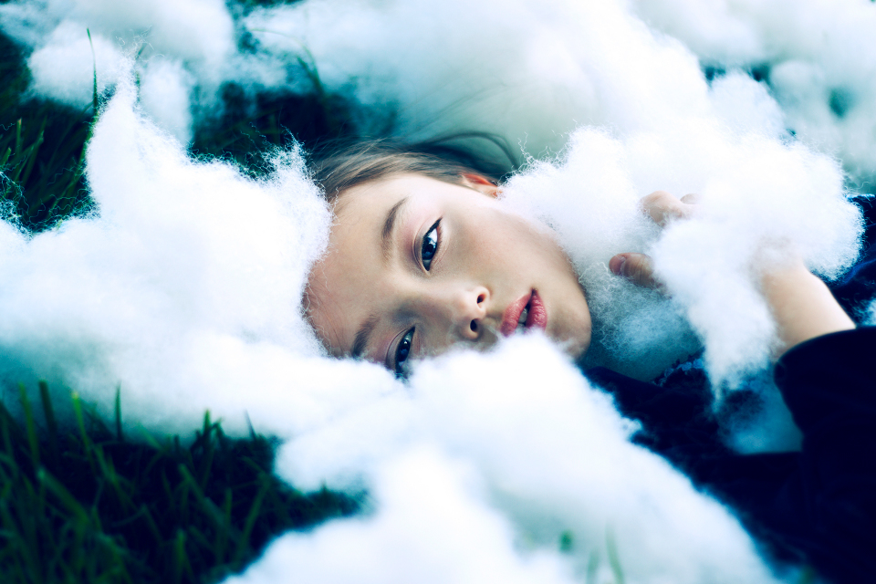 child girl clouds blue Beautiful beauty imagination dream surreal youth grass outdoors lighting