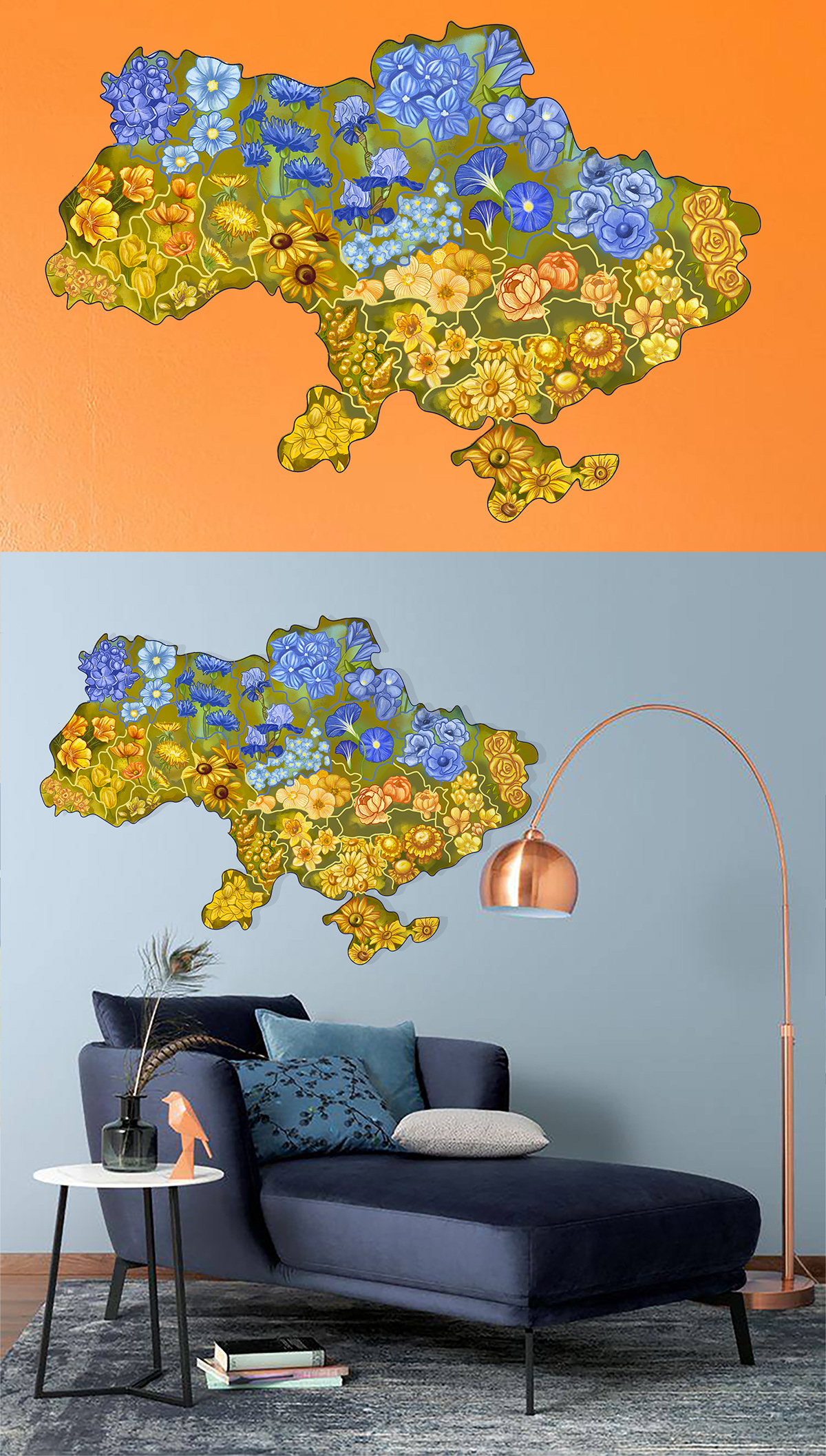 art Flowers map painting   Picture print ukraine vector