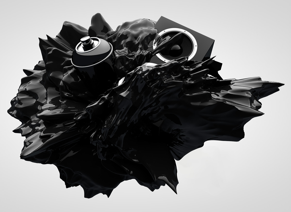 ZARKER black achromatik paint splash realflow speaker 3D bomb explosion black & white