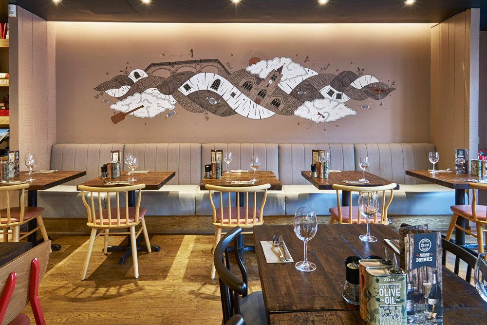 Mural wall wall art design paint Interior restaurant lettering detail abstract copper floral chiswick London quote