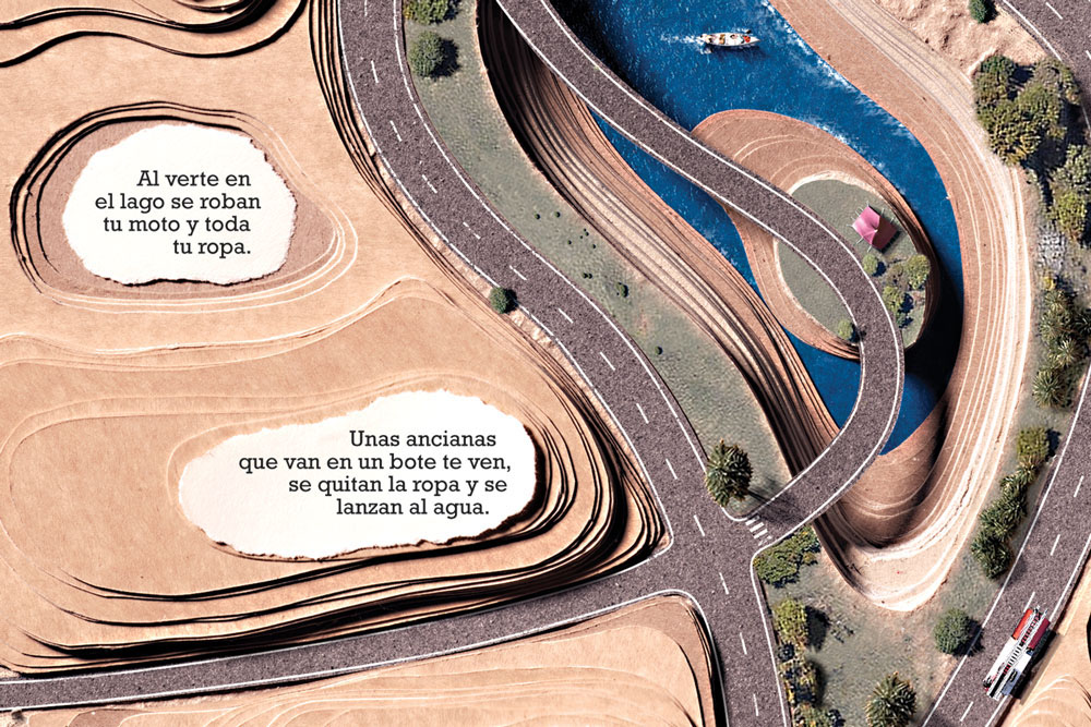 Harley Davidson handmade Hand crafts paper Julian Franky Rodrigo Tarquino Two Stories Rodrigo Tarquino Cannes lake collage hand made scratch and lose helmets desert terrain hostile paths highway harlists detail behind the scenes
