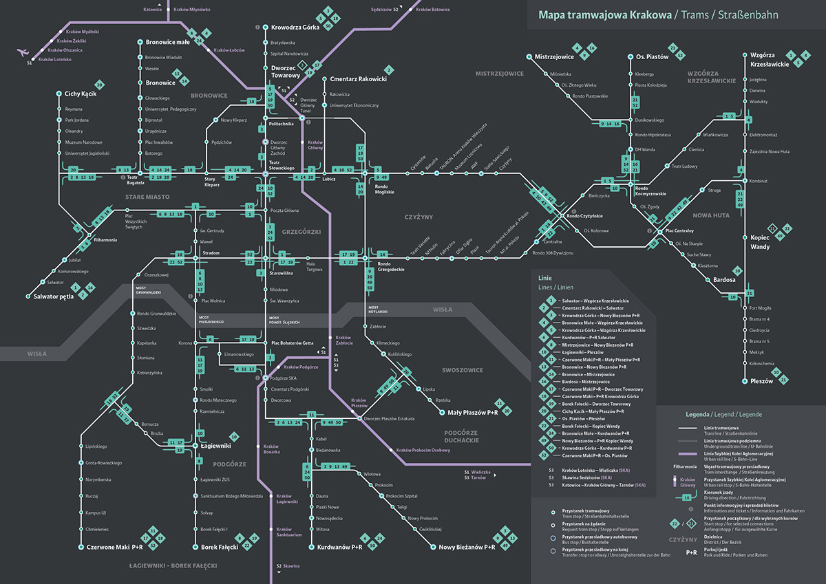 lines map mapa tram tramwaje cracow informacja wizualna krakow poland