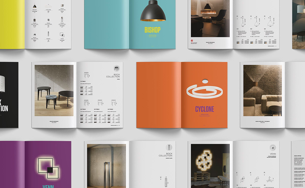 A5 brochure multiple spreads for Belgium lighting company Wever & Ducre