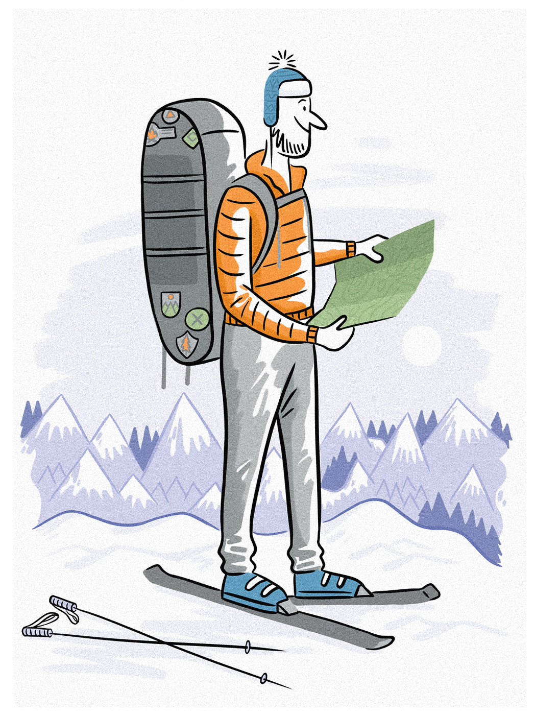 monoclemagazine characters skiiing skiers alps mountains handdrawn brushstroke brush