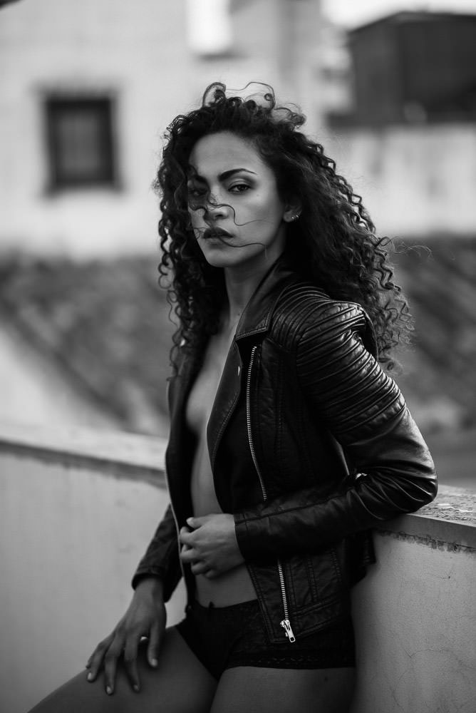black and white girl portrait lingerie intimacy Intimate mallorca leather jacket