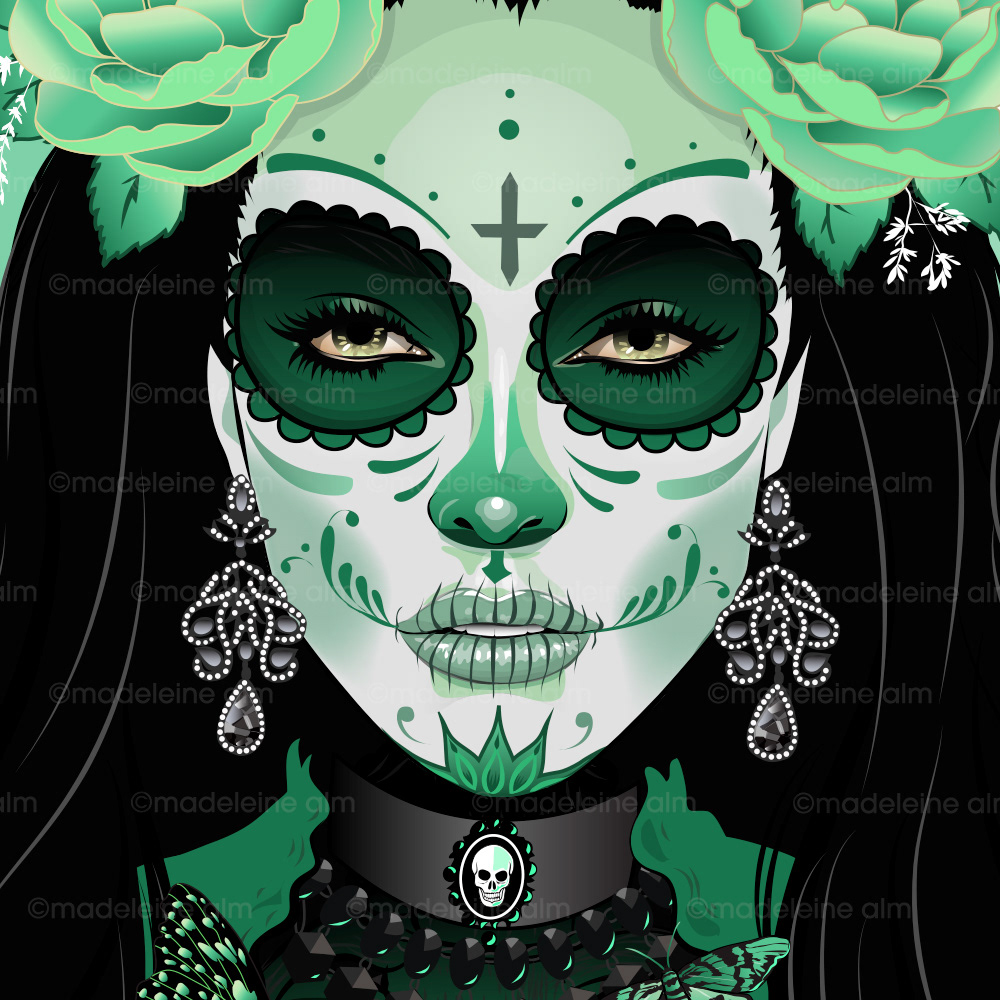 illustration of woman with day of the dead decor painted on her face