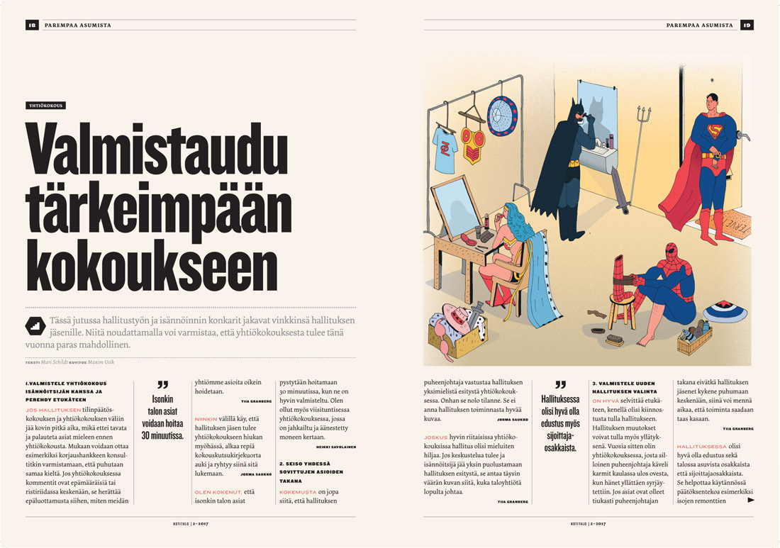 Kotitalo magazine heroes superman superwoman super editorial Editorial Illustration finland batman
