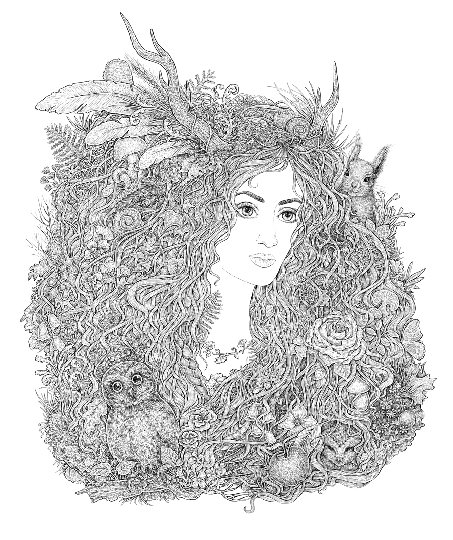 woman girl book fantasy animals owl squirrel Hedgehog Nature wood forest fantas graphic faun ink