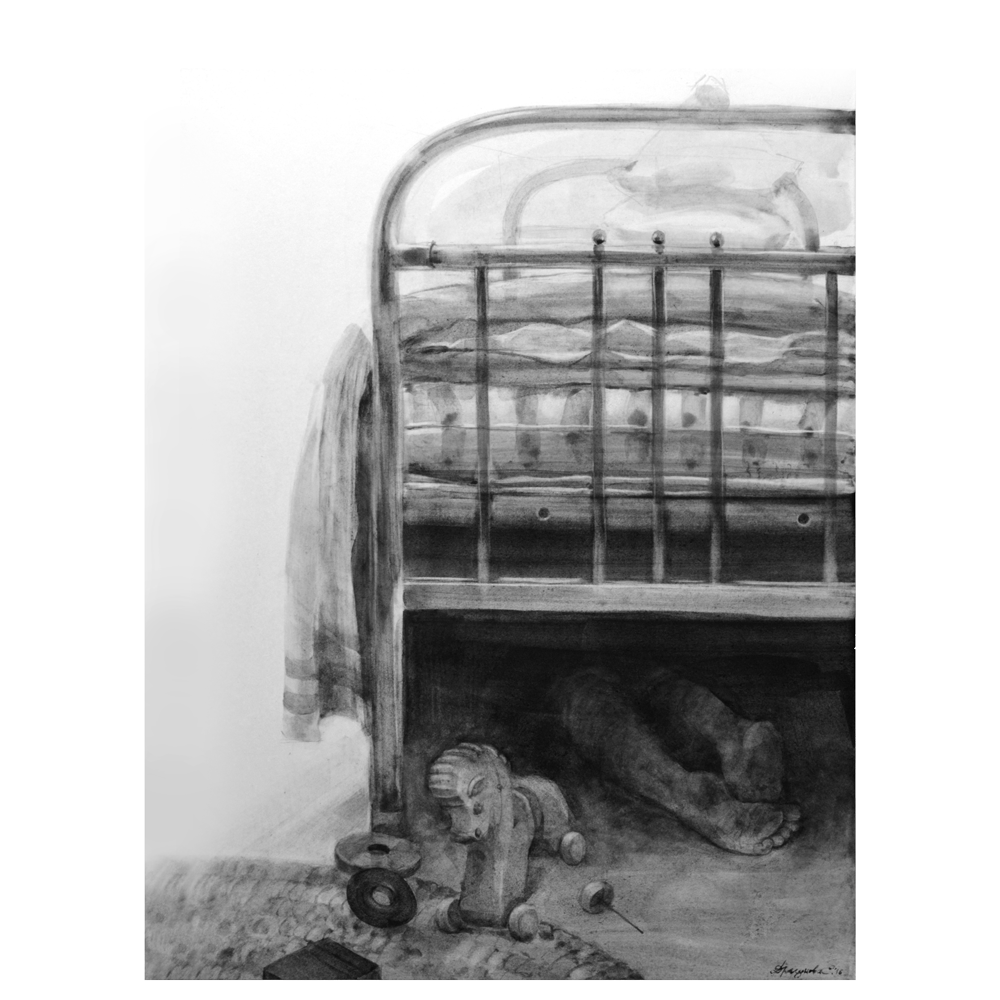 charcoal ILLUSTRATION  hideandseek children telogreika Russia village bedroom past