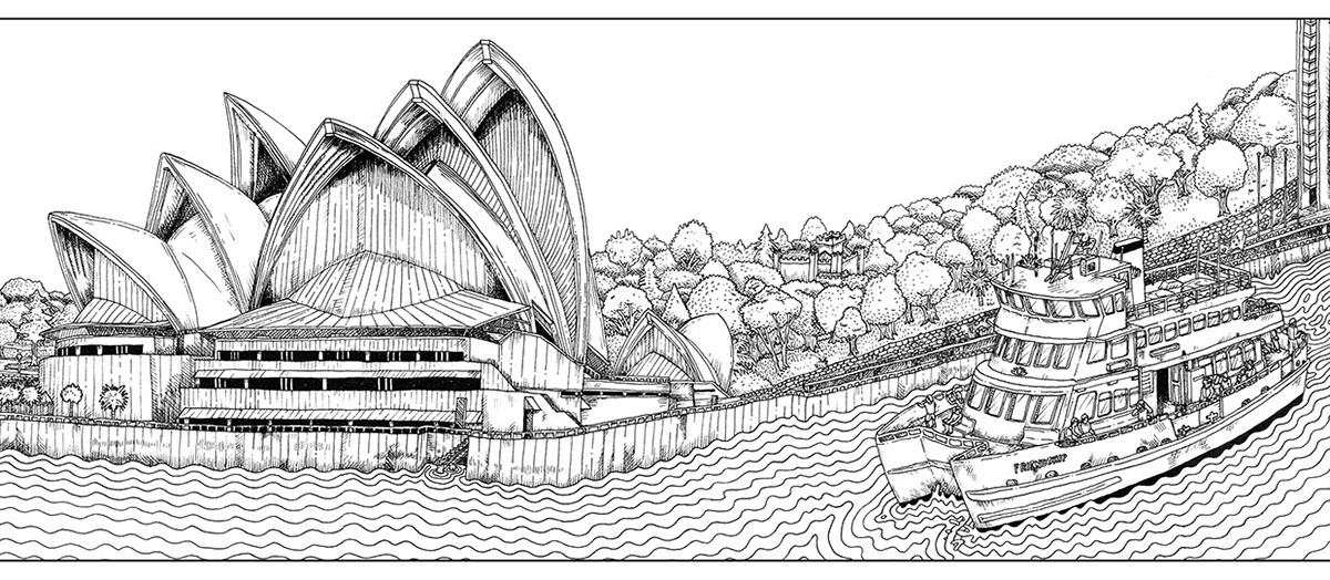 scroll Scroll book Landscape sydney Australia harbour Harbour Bridge Opera House down under hand drawn OZ outback